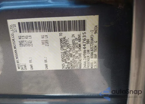 2011 Nissan Altima 2.5 S z USA, uszkodzony, nr VIN 1N4AL2AP9BN447635